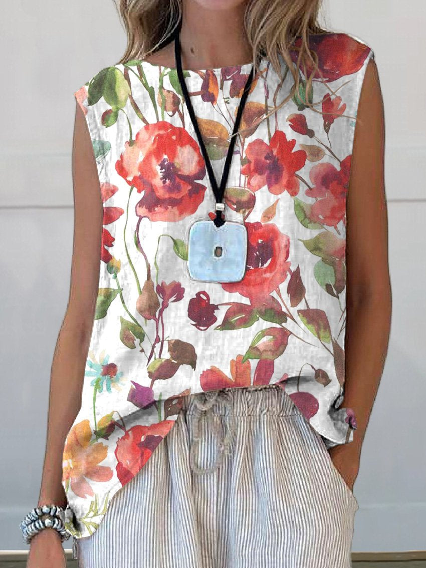 Watercolor Poppy Floral Art Printed Women's Casual  Cotton And Linen Tank Top