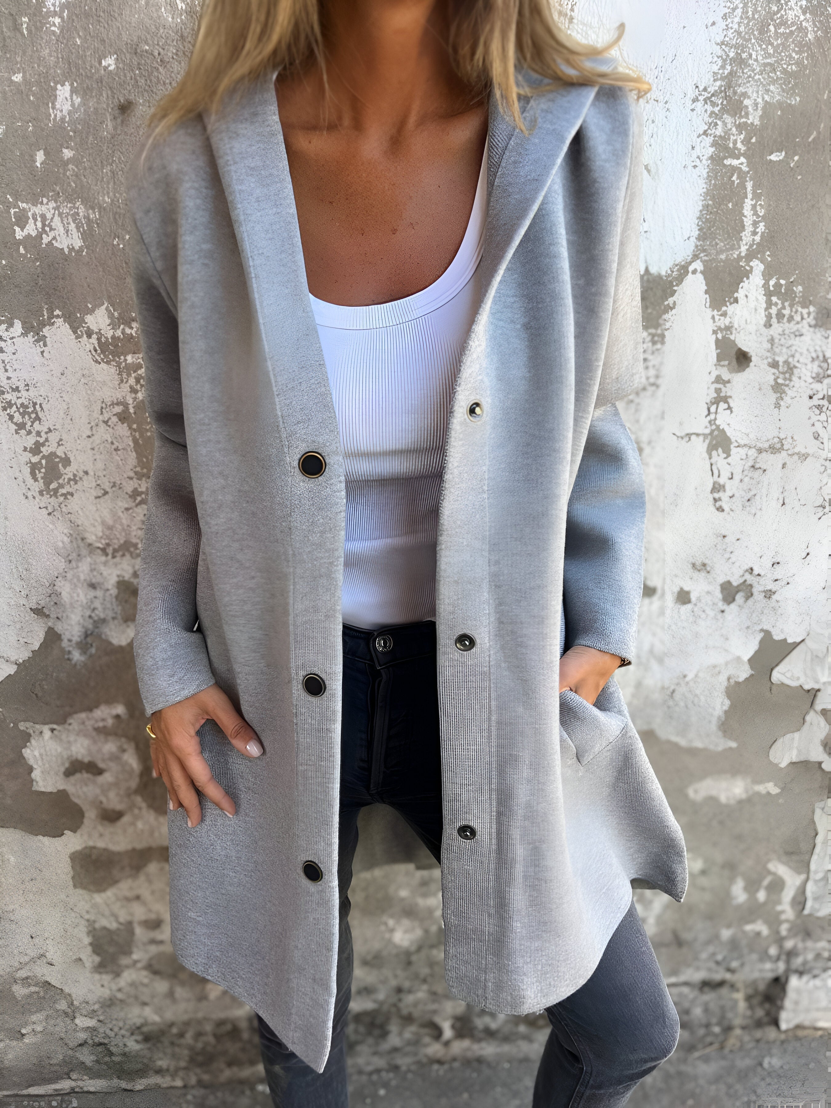 Women's Overcoat - Mid-Length Relaxed Fit - Button Closure - Side Pockets Stylish Layer