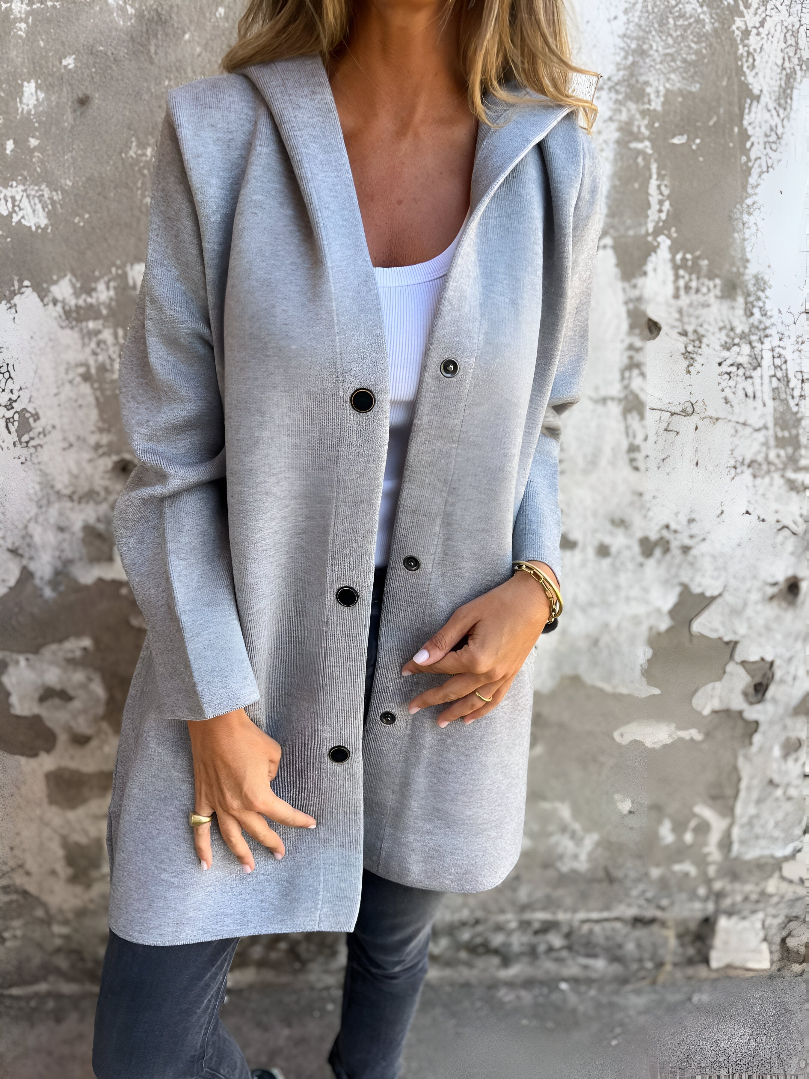 Women's Overcoat - Mid-Length Relaxed Fit - Button Closure - Side Pockets Stylish Layer