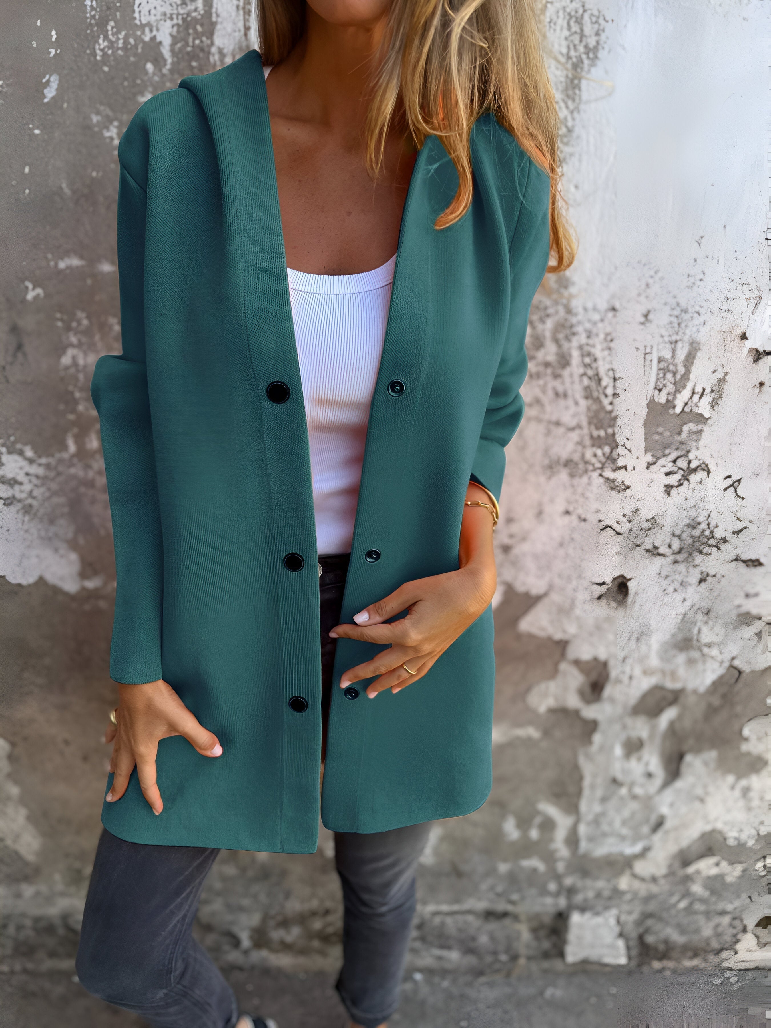 Women's Overcoat - Mid-Length Relaxed Fit - Button Closure - Side Pockets Stylish Layer