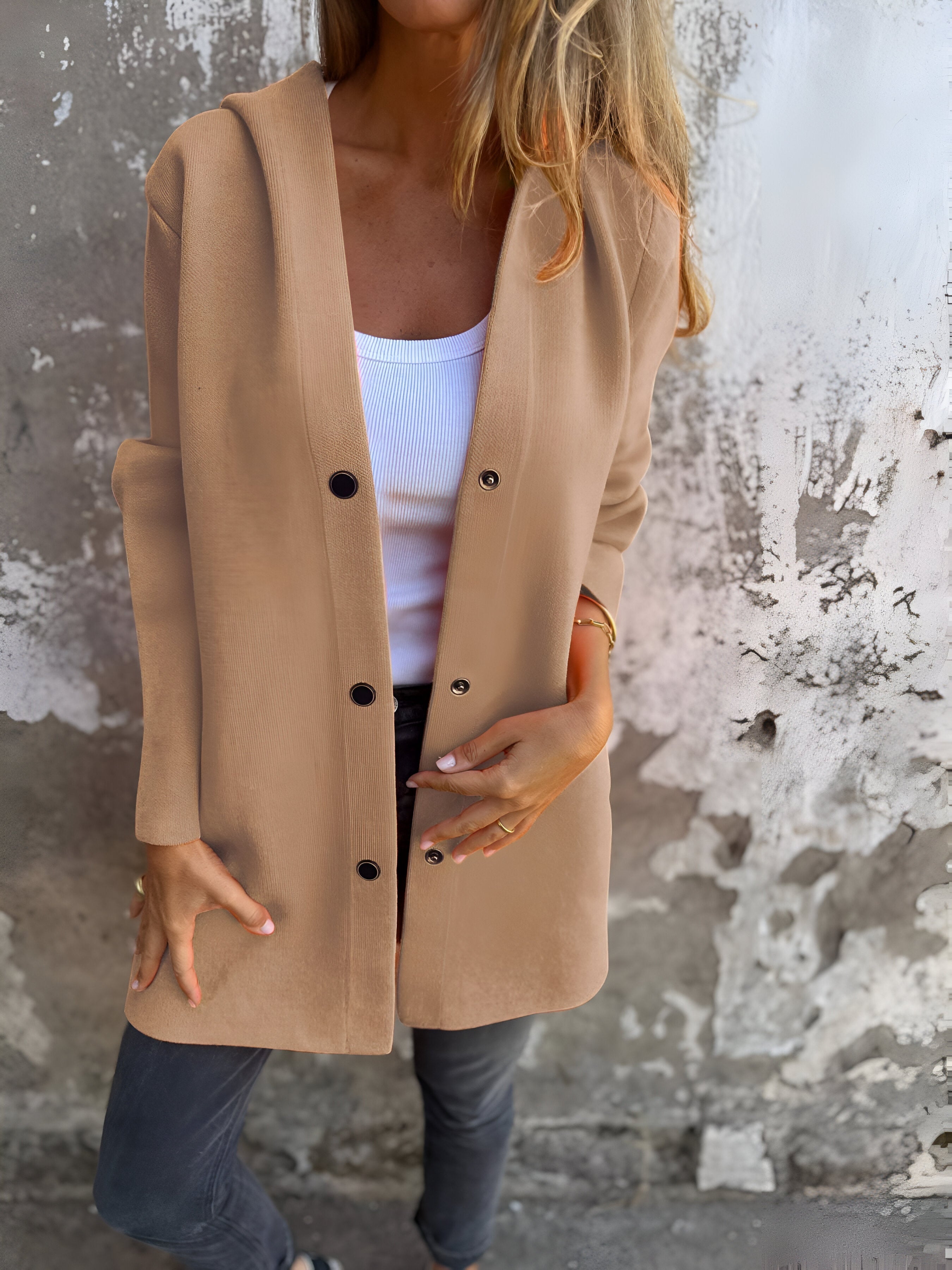 Women's Overcoat - Mid-Length Relaxed Fit - Button Closure - Side Pockets Stylish Layer
