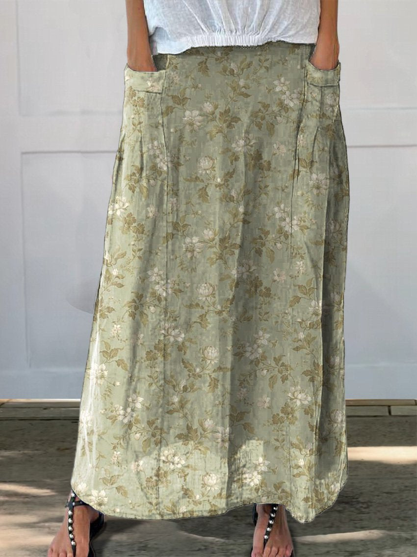 Spring Jasmine Floral Pattern Printed Women's Linen Pocket Skirt