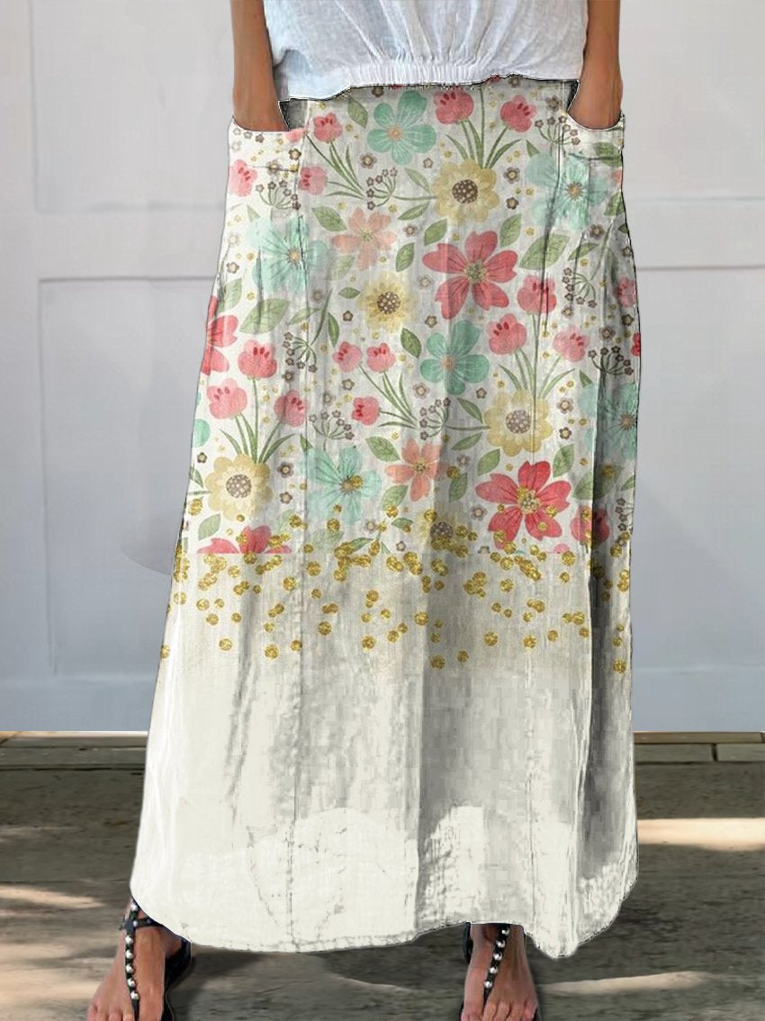 Women's Flowers Gradient Background Casual Print Linen Elastic waistband Pocket Skirt