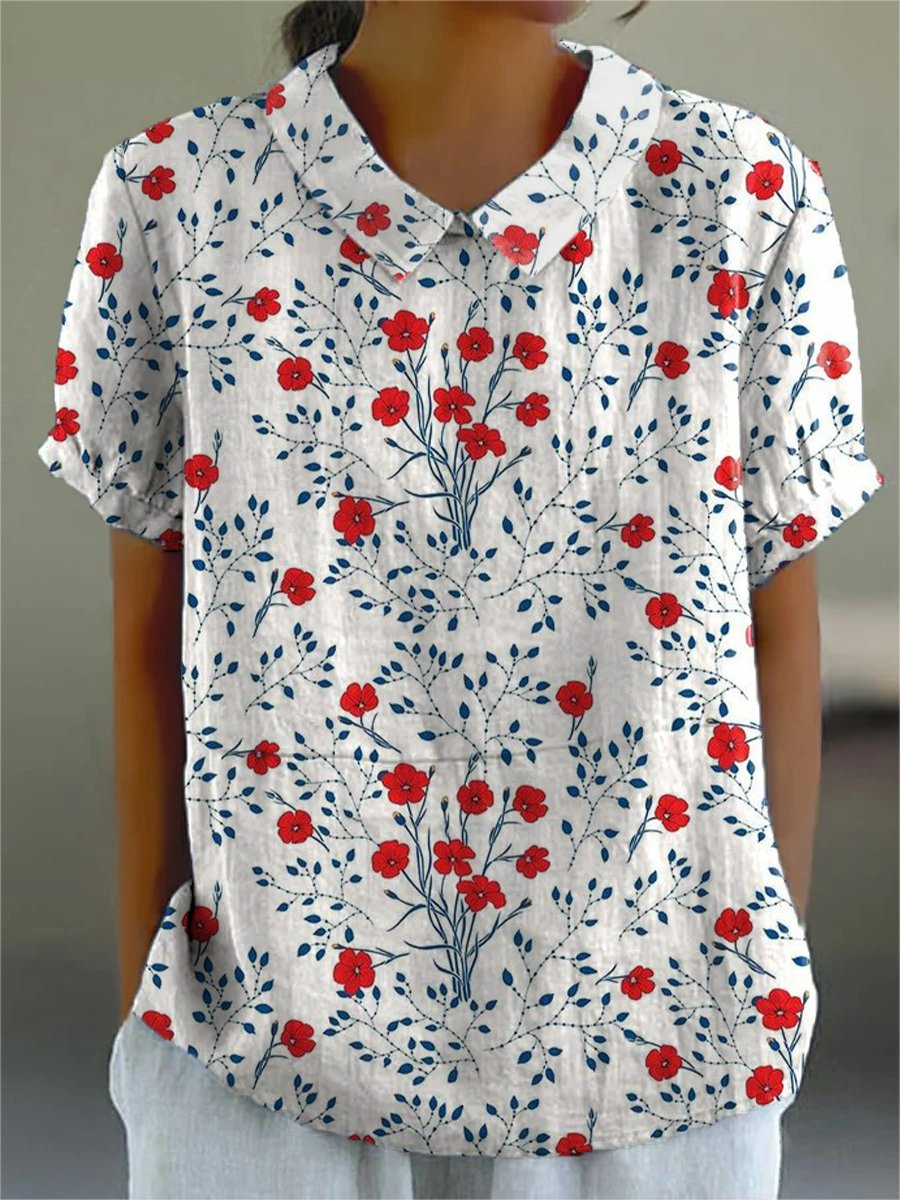 Women's Fresh Red Florets Print Casual Cotton And Linen Shirt