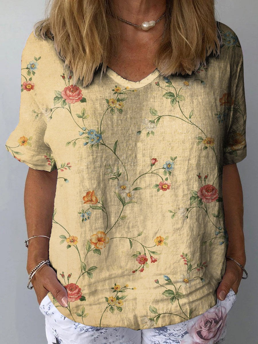 Women's Retro Floral Art Print Casual Cotton And Linen Shirt