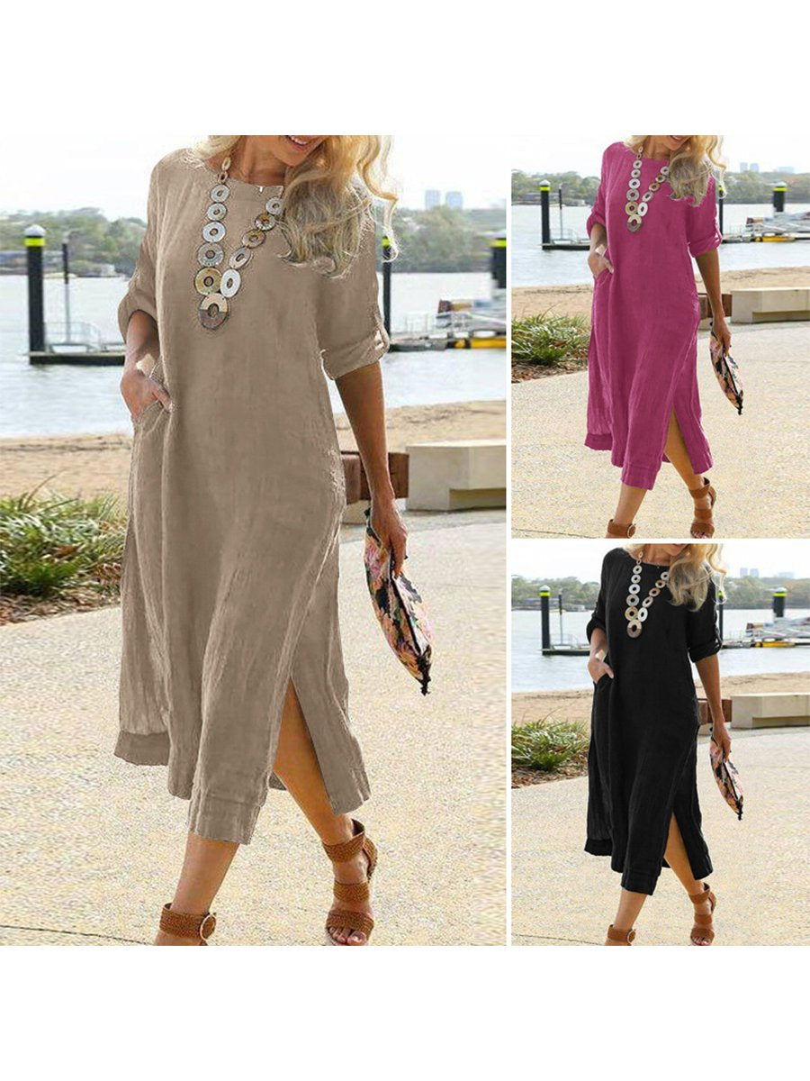 Women's Retro Solid Cotton Line Long Sleeve Dress