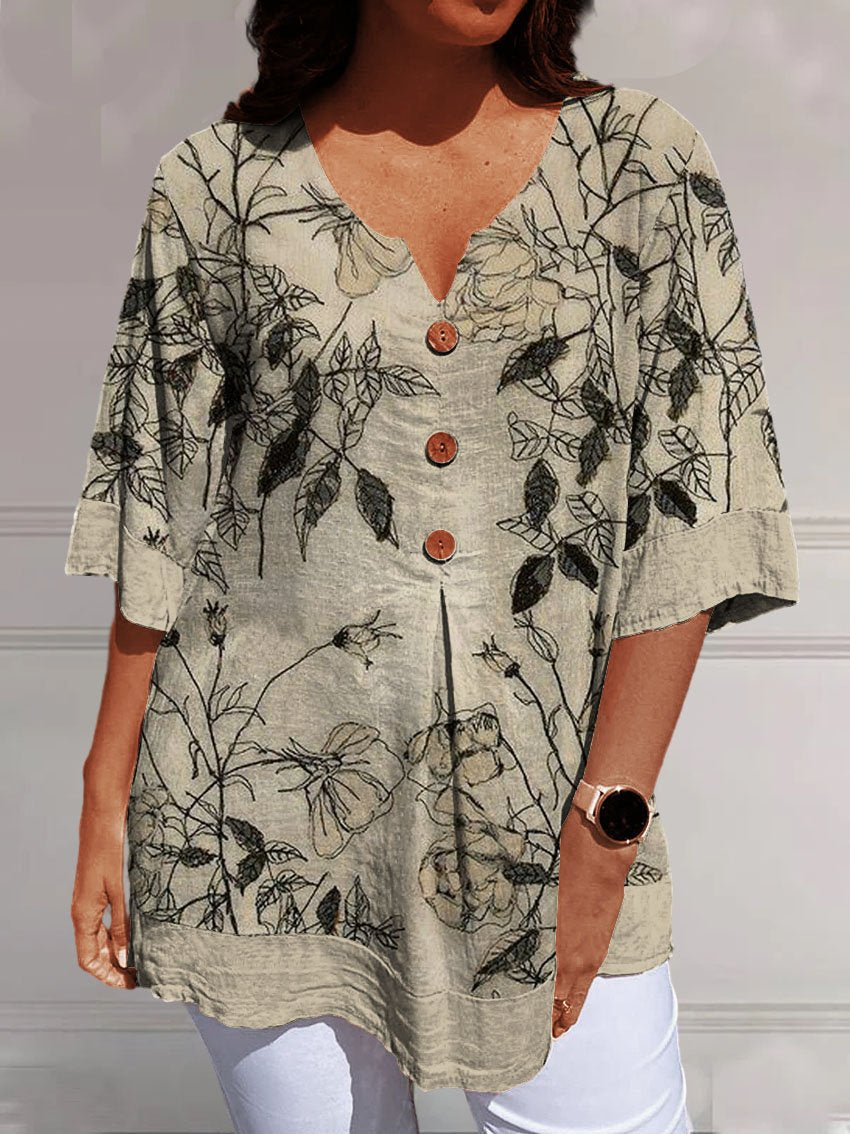 Women's Elegant Retro Floral Art Print Casual Cotton And Linen V-neck Shirt