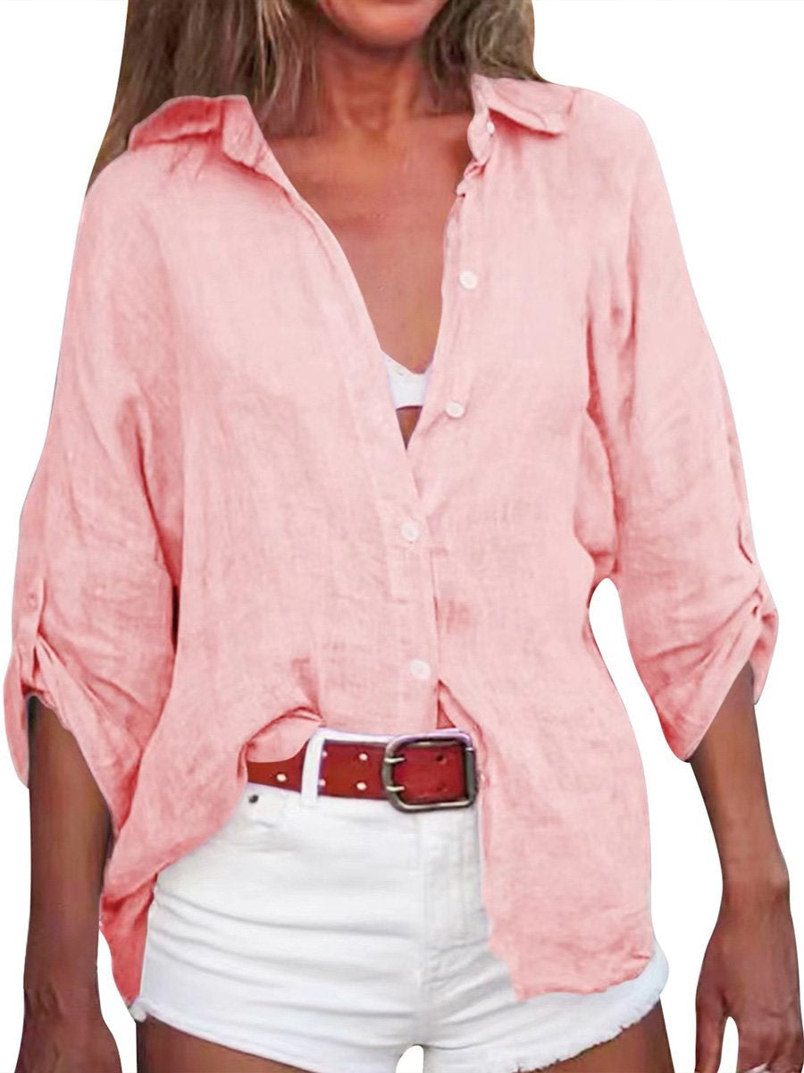 Women's Solid Color Cotton And Linen Loose Fit Shirt