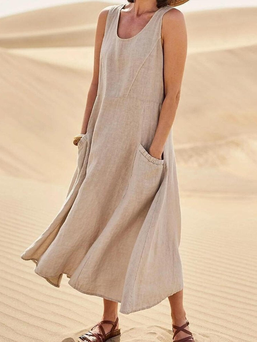 Women Sleeveless Sundress Elegant Round Neck Cotton Linen-like Solid Long Tank Casual Summer Dress