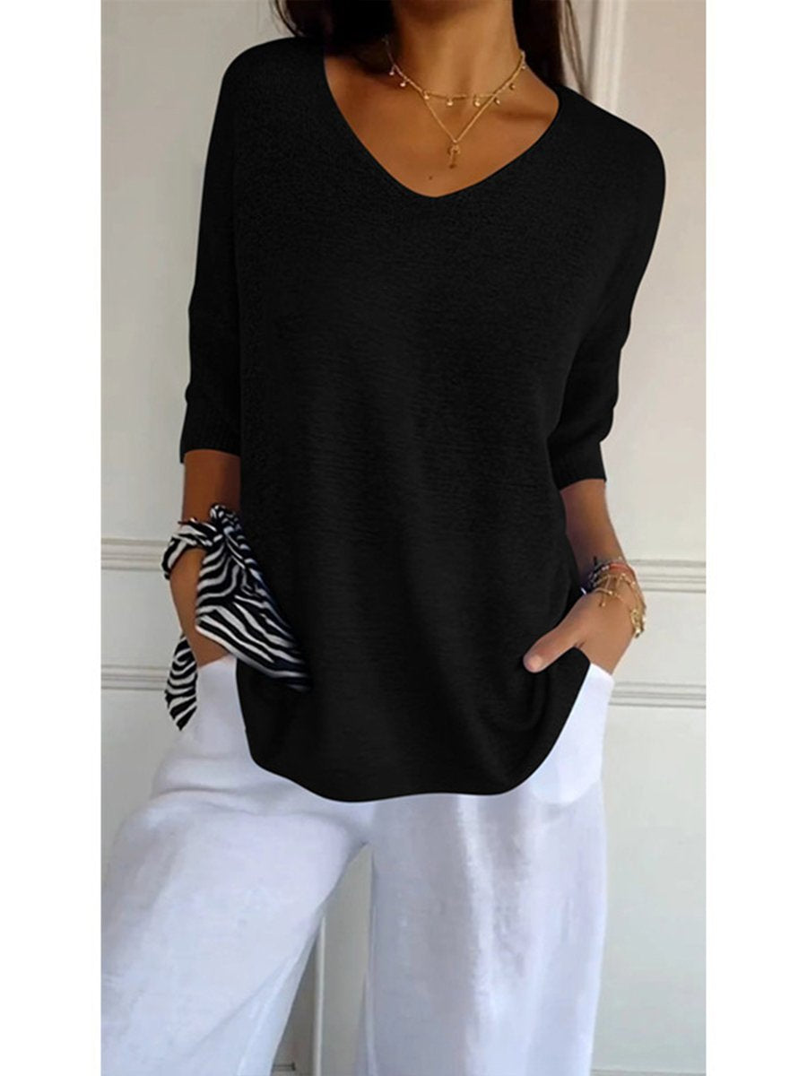 Women's Solid Color Knitted 3/4 Sleeve V-neck Top