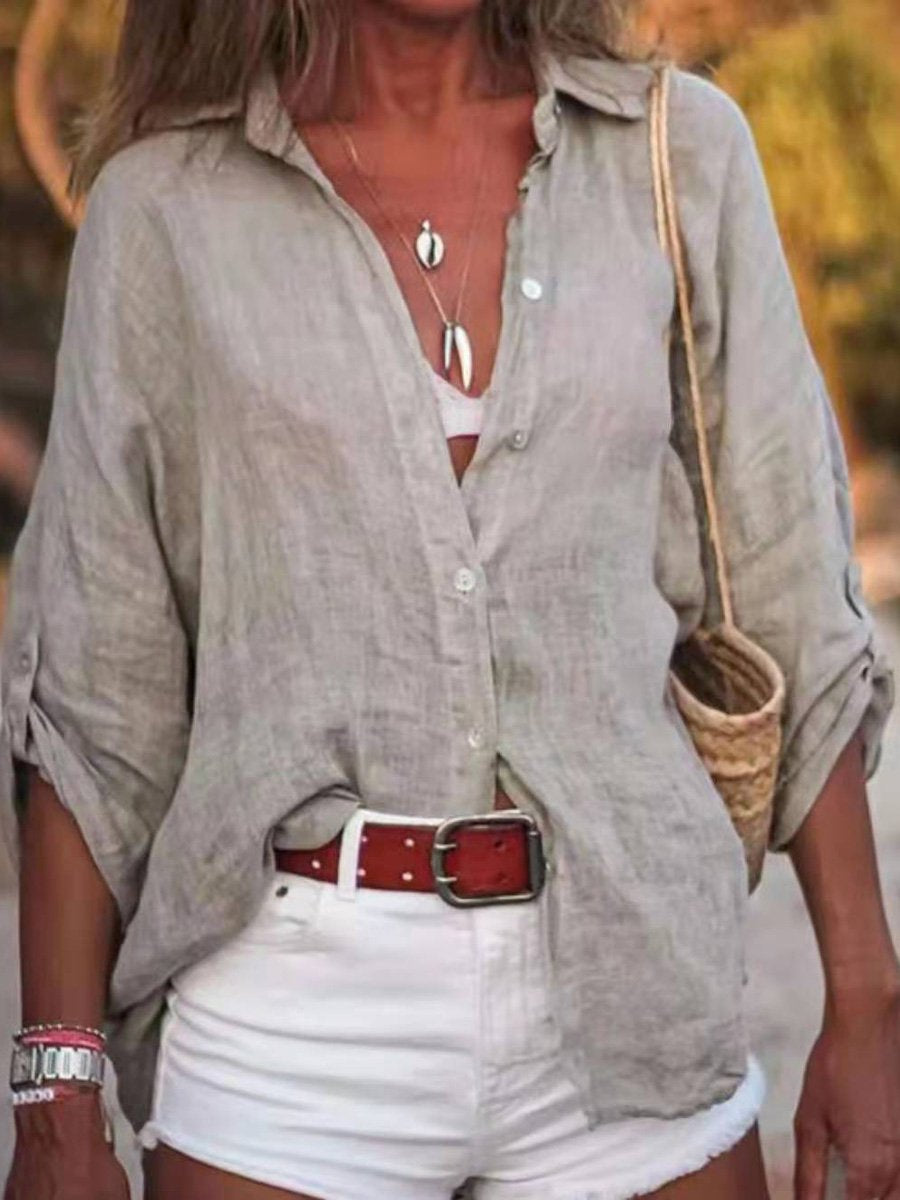 Women's Solid Color Cotton And Linen Loose Fit Shirt