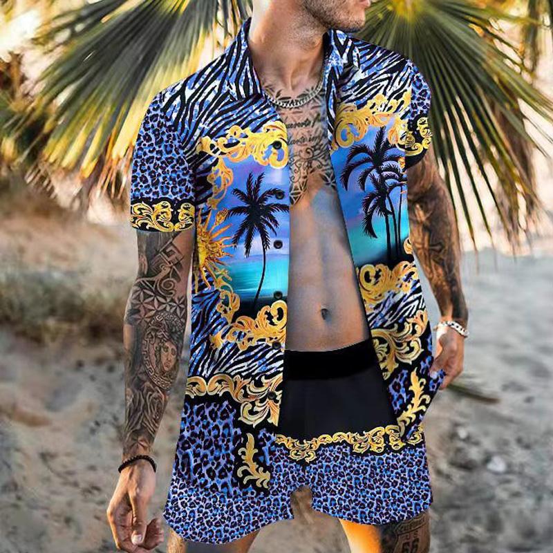 Men's Beach Loose Short Sleeve Shirt Casual Shorts Set 09514696YM