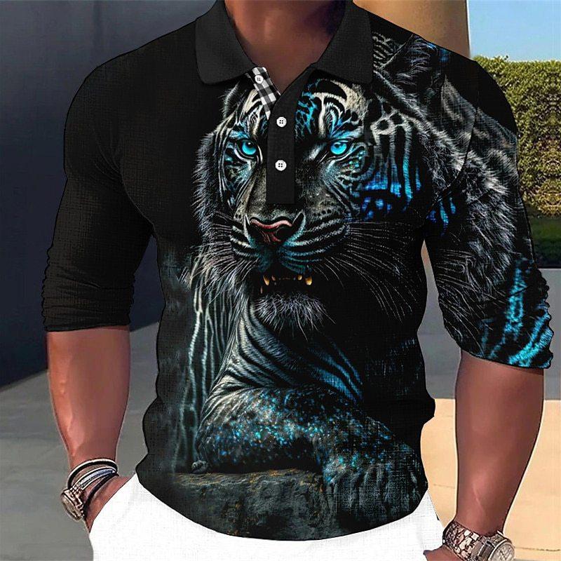 Men's Fashion Tiger 3d Printed Long Sleeve Polo Shirt 77579643YY