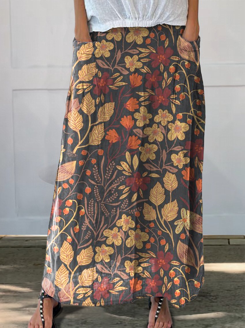 The Autumn Garden Pattern Printed Women's Linen Pocket Skirt