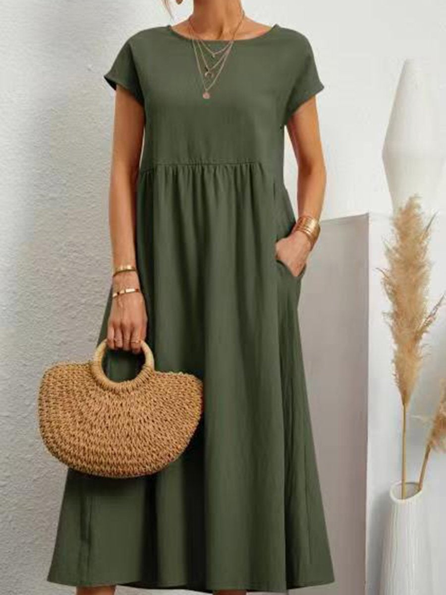 Women's Solid Color Cotton Linen Round Neck A-Line Dress