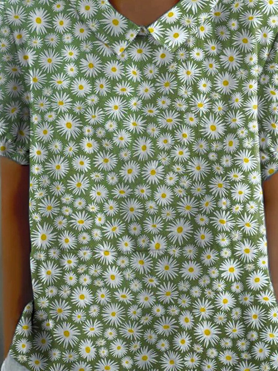 Women's Lovely Daisy Art Print Casual Cotton And Linen Shirt