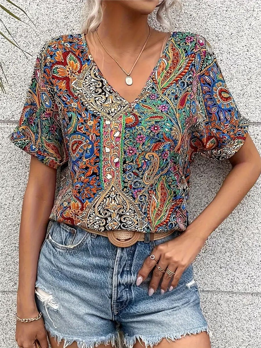 Women's Casual Bat Sleeve Western Style Trend Printed Loose Top