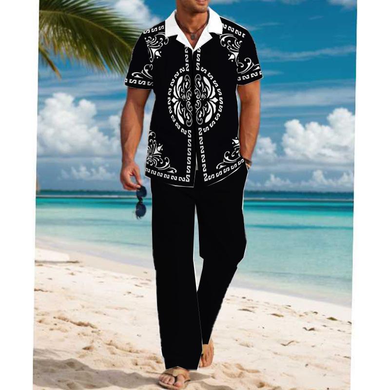 Men's Casual Printed Short Sleeve Shirt and Pants Set 87842996YM