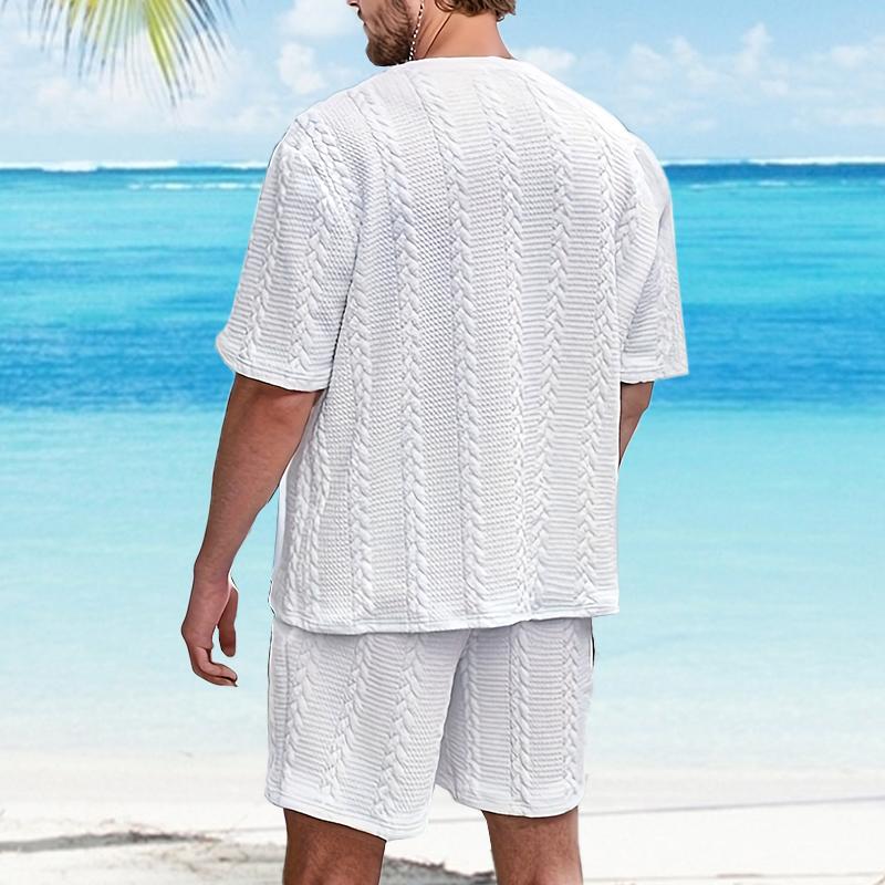 Men's 2 Pice Texture Solid Color Short Sleeve Top and Shorts Casual Sets 71127594YY