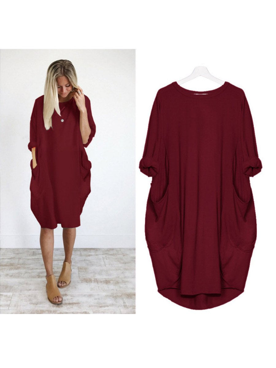 Women's Solid Color Loose Elegant Casual Long-sleeved Pocket Dress