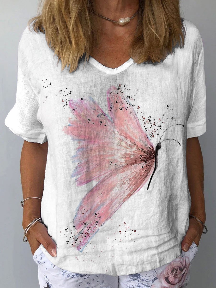 Women's Butterfly Art Print Casual Cotton And Linen Shirt