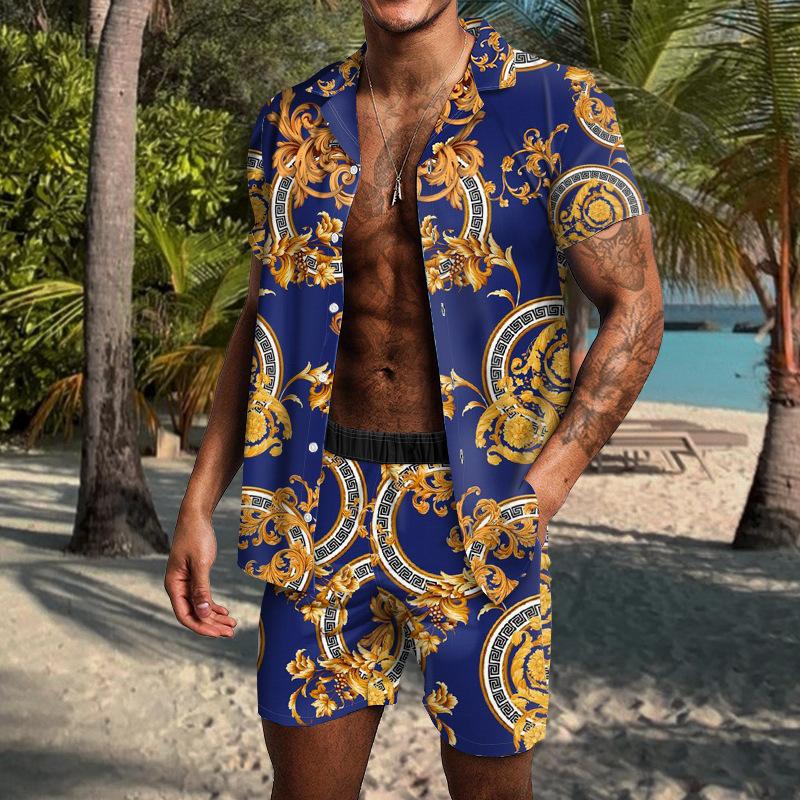 Men's Printed Short Sleeve Shirt Shorts Set 25278354YM