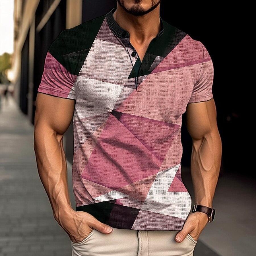 Men's Geometric Stripe 3d Printed Short Sleeve Henry T-Shirt 00343744YY