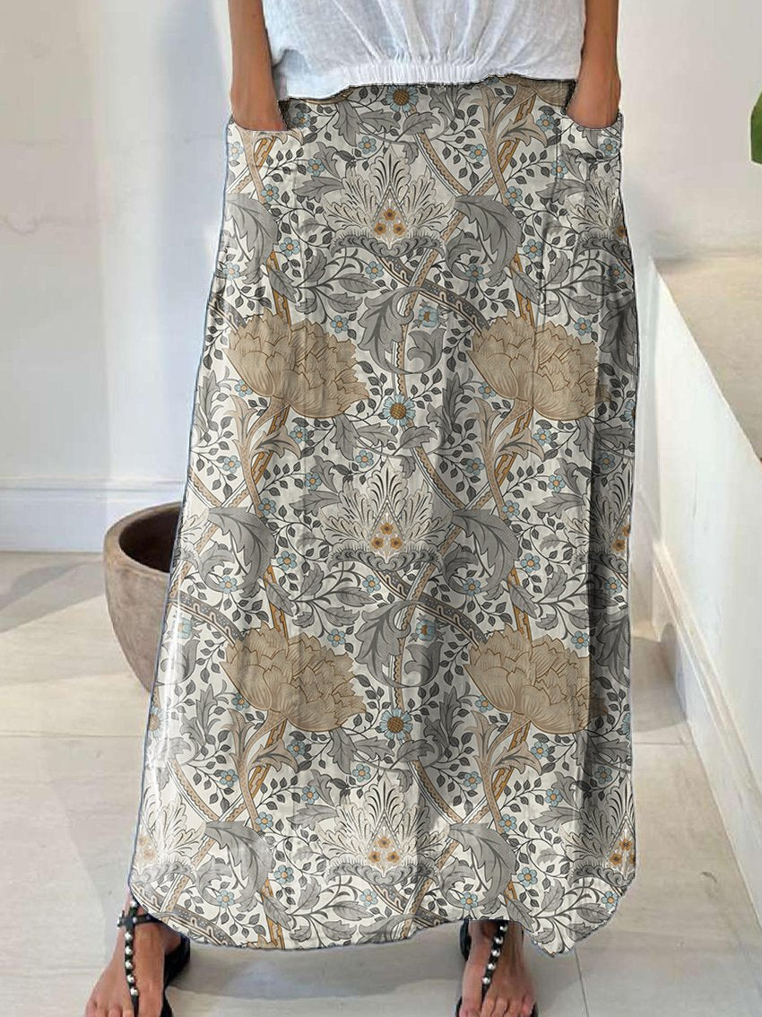 Women's Floral Art Nouveau Linen Pocket Skirt