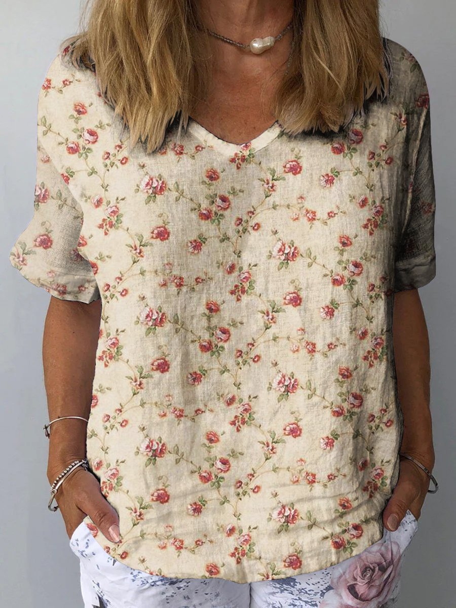 Vintage Rose Print Women's Print Casual Cotton And Linen Shirt