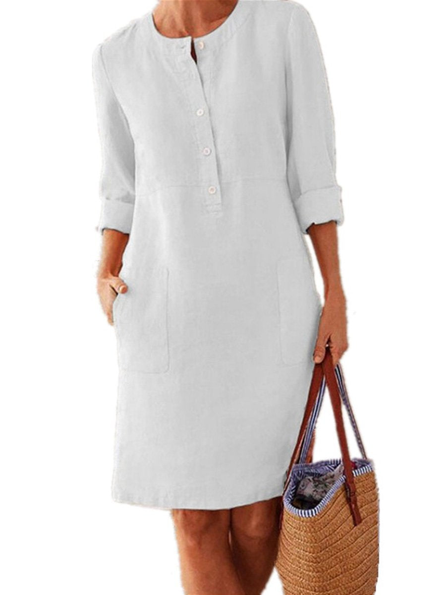 Spring Cotton And Linen Round Neck Long Sleeve Dress