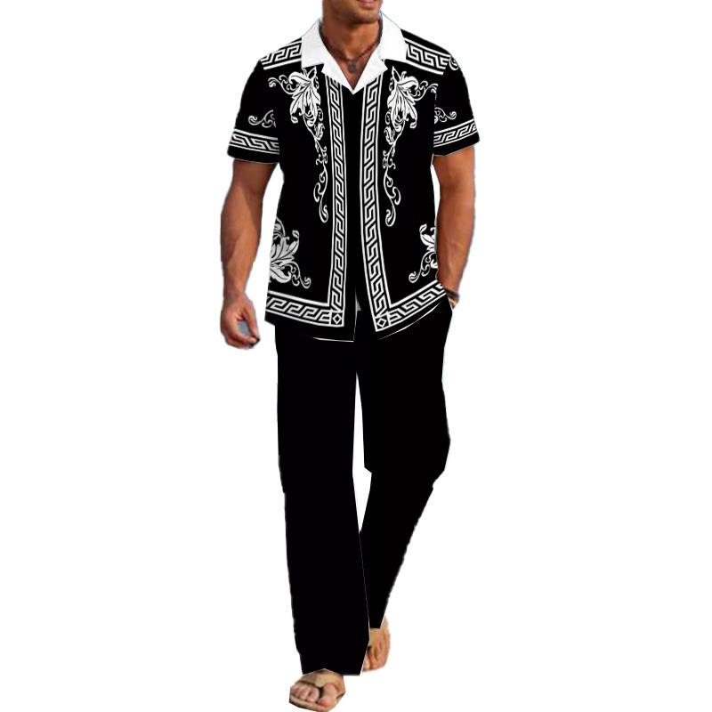 Men's Casual Printed Short Sleeve Shirt and Pants Set 54024830YM