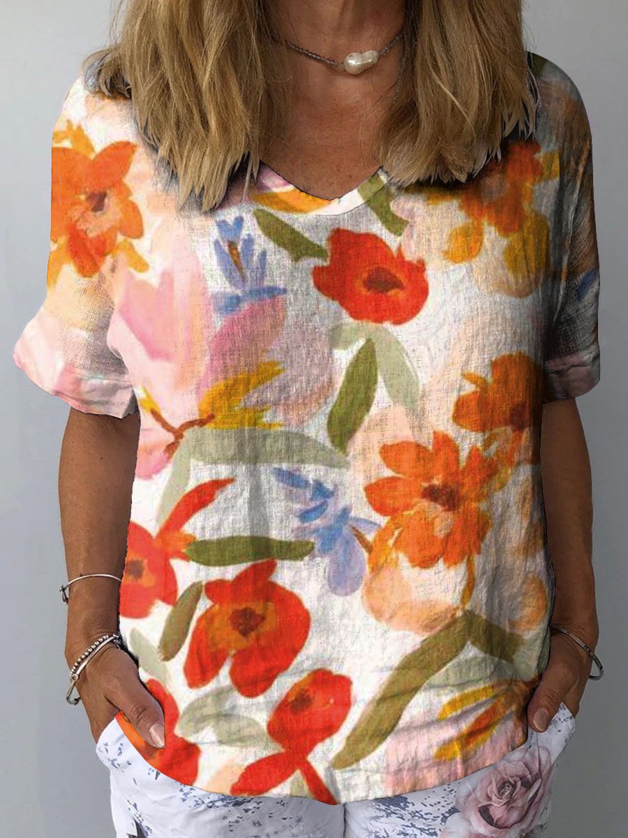 Women's Vintage Art Floral Print Casual Cotton And Linen Shirt