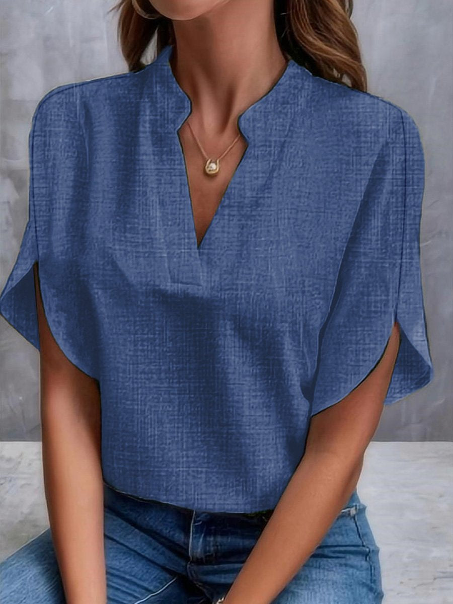 Women's Summer Solid colour V-Neck Loose Linen Shirt