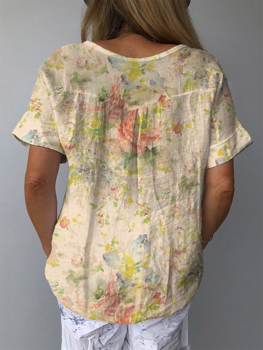 Women's Retro Floral Watercolor Art Print Casual Cotton And Linen Shirt