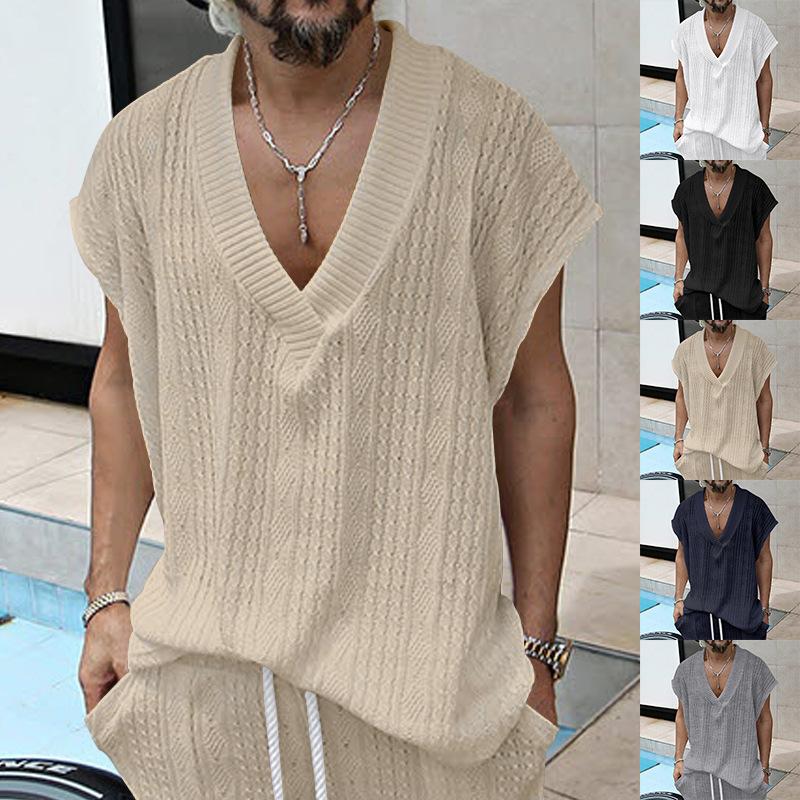 Men's Casual V-neck Loose Jacquard Sweater Sleeveless Vest 12597038L