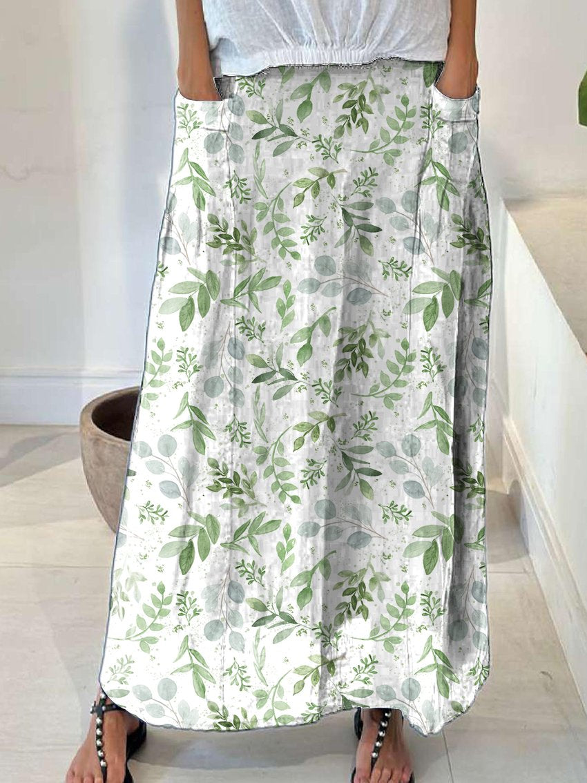 Women's Greens Fern Eucalyptus Greenery Leaf Linen Pocket Skirt