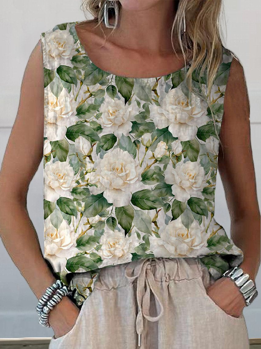 White Roses Seamless Pattern Printed Women's Casual  Cotton And Linen Tank Top