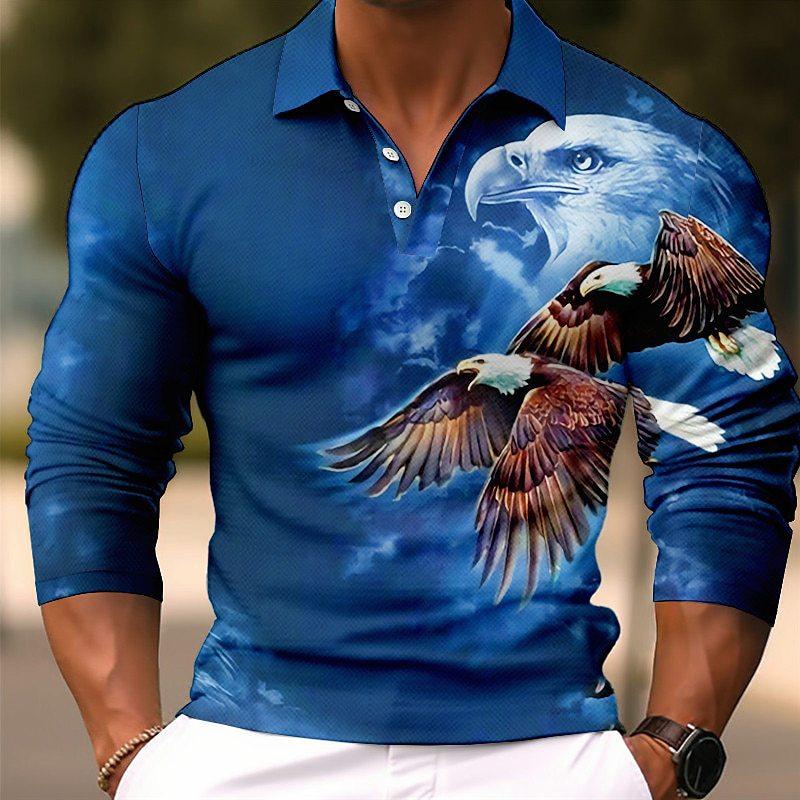 Men's Fashion Eagle 3d Printed Long Sleeve Polo Shirt 85156551YY