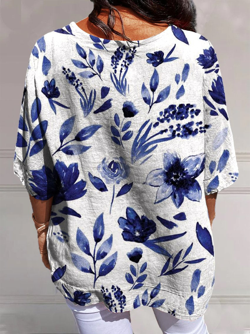 Women's Simple Geometric Flowers Print Casual Cotton And Linen V-neck Shirt