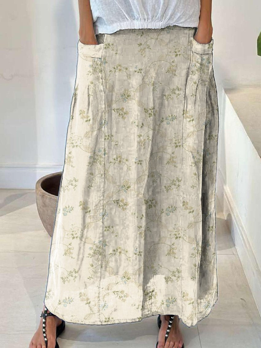 Women's Vintage Floral Art Print Linen Pocket Skirt