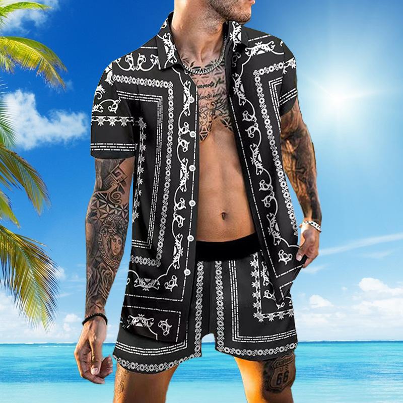 Men's Beach Loose Short Sleeve Shirt Casual Shorts Set 72202564YM