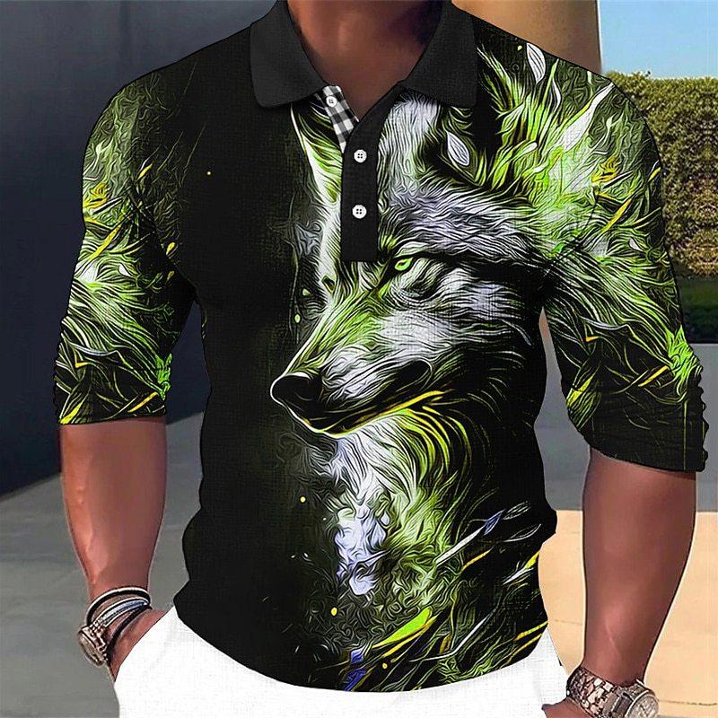 Men's Fashion Wolf 3d Printed Long Sleeve Polo Shirt 75661880YY