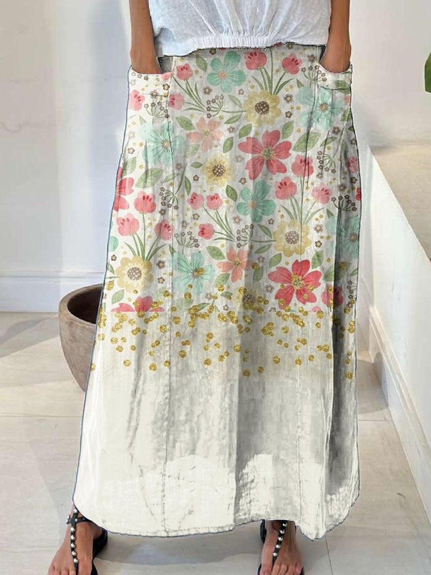 Women's Flowers Gradient Background Casual Print Linen Elastic waistband Pocket Skirt