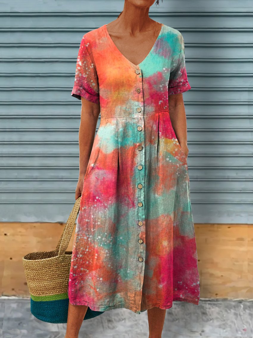 Women's Graffiti Colors Linen Pocket Tunic Dress