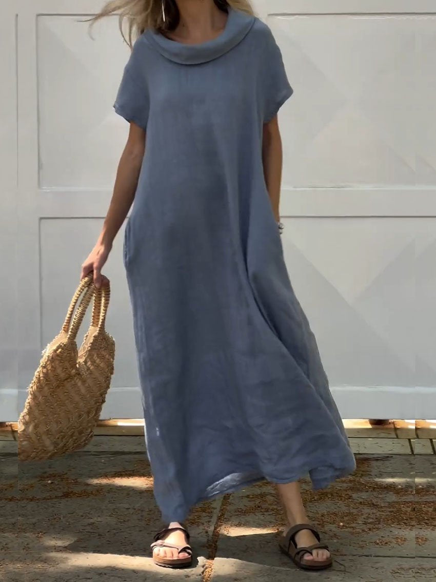 Women's Turndown Collar Linen Pocket Dress