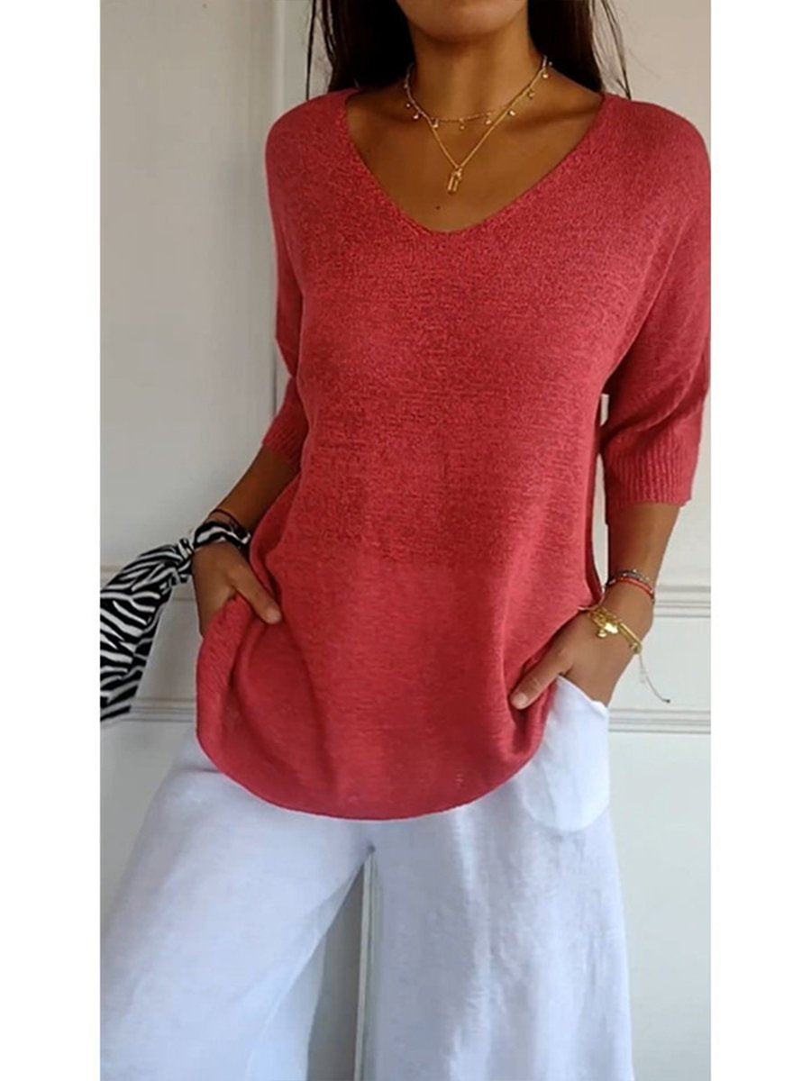 Women's Solid Color Knitted 3/4 Sleeve V-neck Top