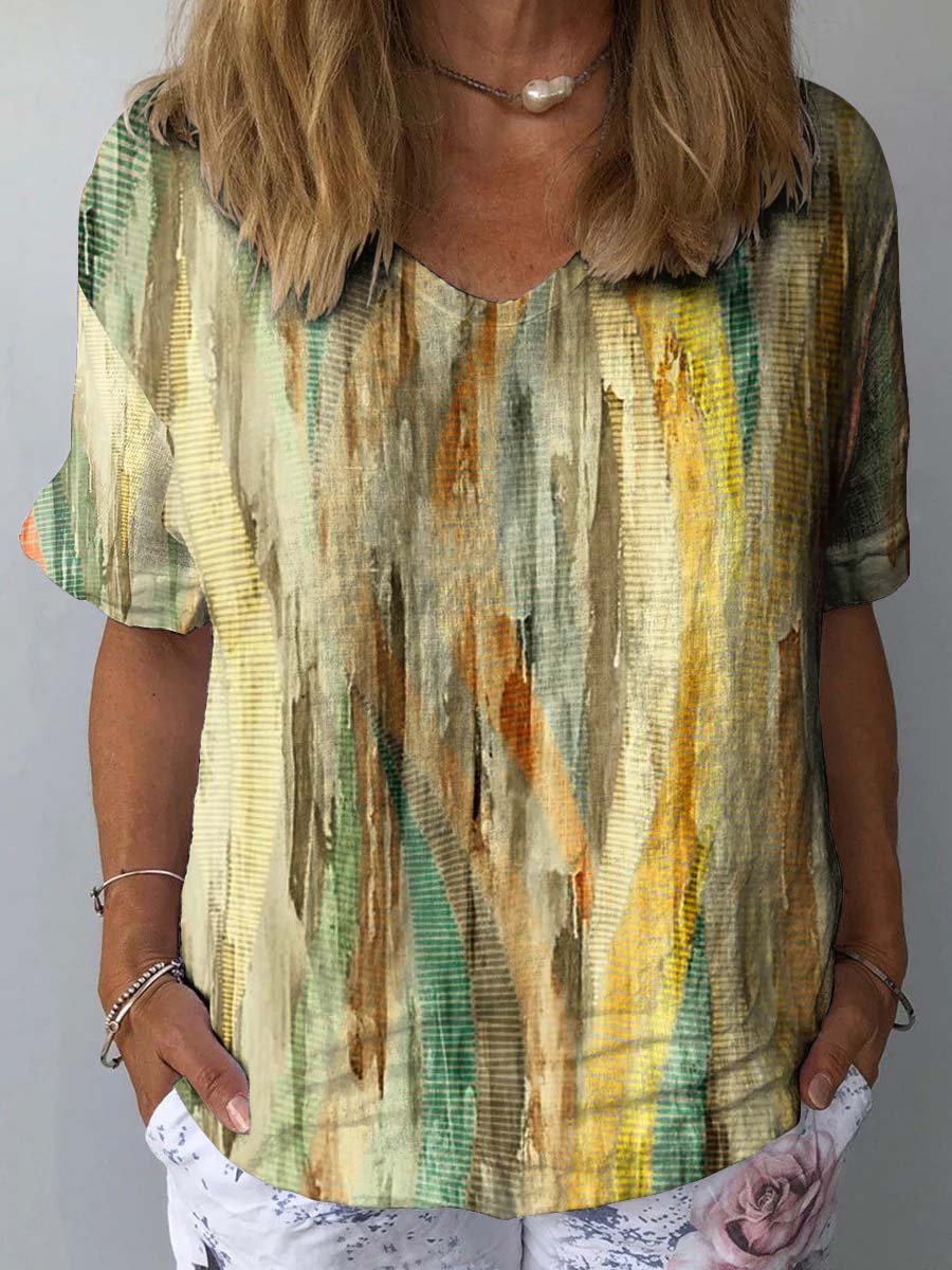 Women's Abstract Print Casual Cotton And Linen Shirt