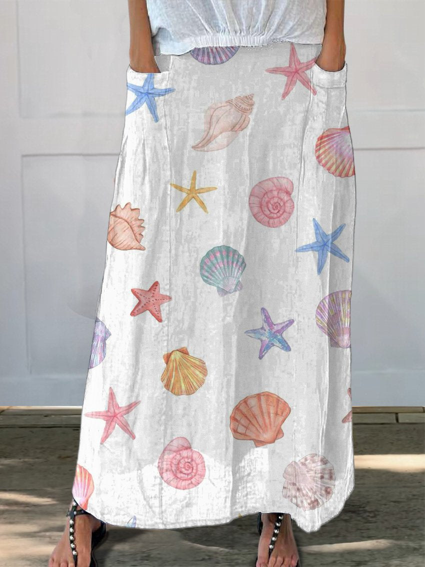 Summer Vibe Sea Shell Repeat Pattern Printed Women's Linen Pocket Skirt