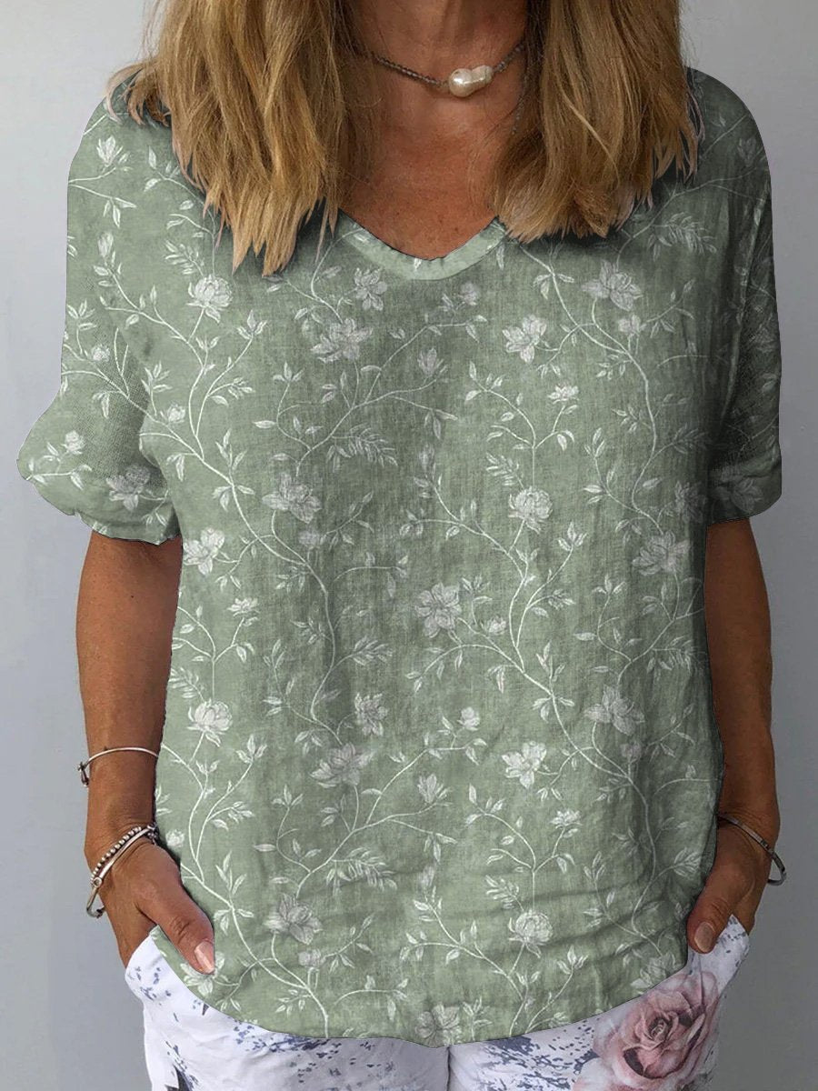 Vintage Style Green Floral Repeat Pattern Printed Women's Casual Cotton And Linen Shirt