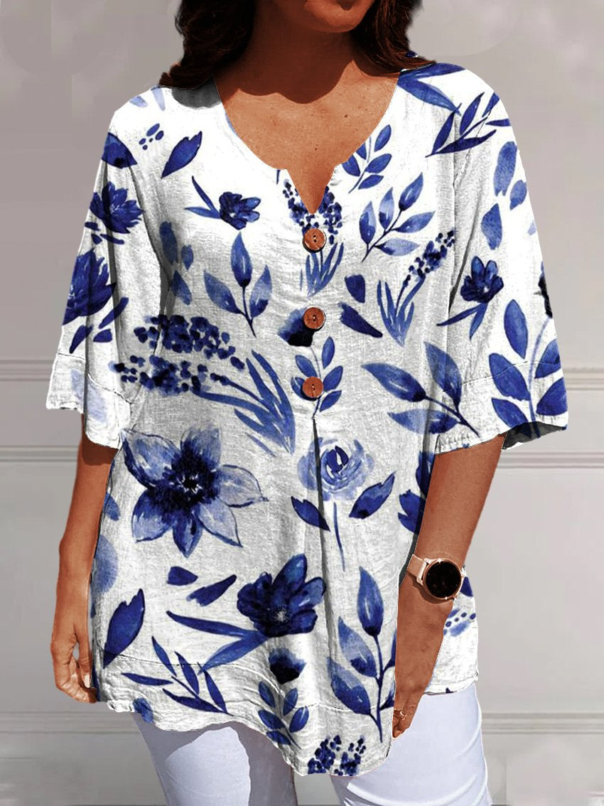 Women's Simple Geometric Flowers Print Casual Cotton And Linen V-neck Shirt